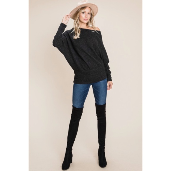 SOLD OUT Black Solid Ribbed Off Shoulder Dolman Sweater - Picture 3 of 5